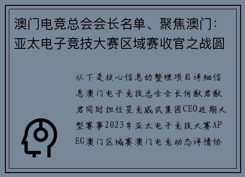 澳门电竞总会会长名单、聚焦澳门：亚太电子竞技大赛区域赛收官之战圆满落幕